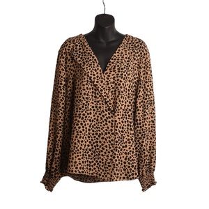 Gibson Latimer Leopard Print Wrap Front Peasant Cuffed Sleeve Blouse Wom…